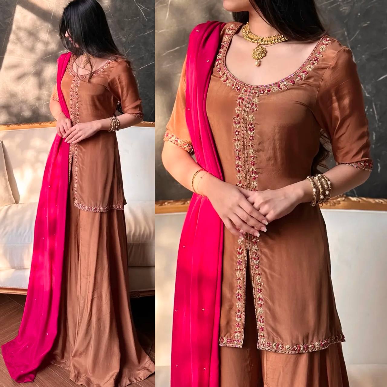 Luxe Brown Zari-Embroidered Flared Set